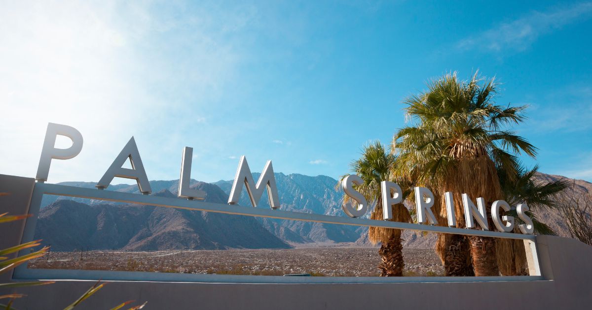 The Palm Springs sign along Highway 111 in the north end of the city welcoming visitors as they come into town