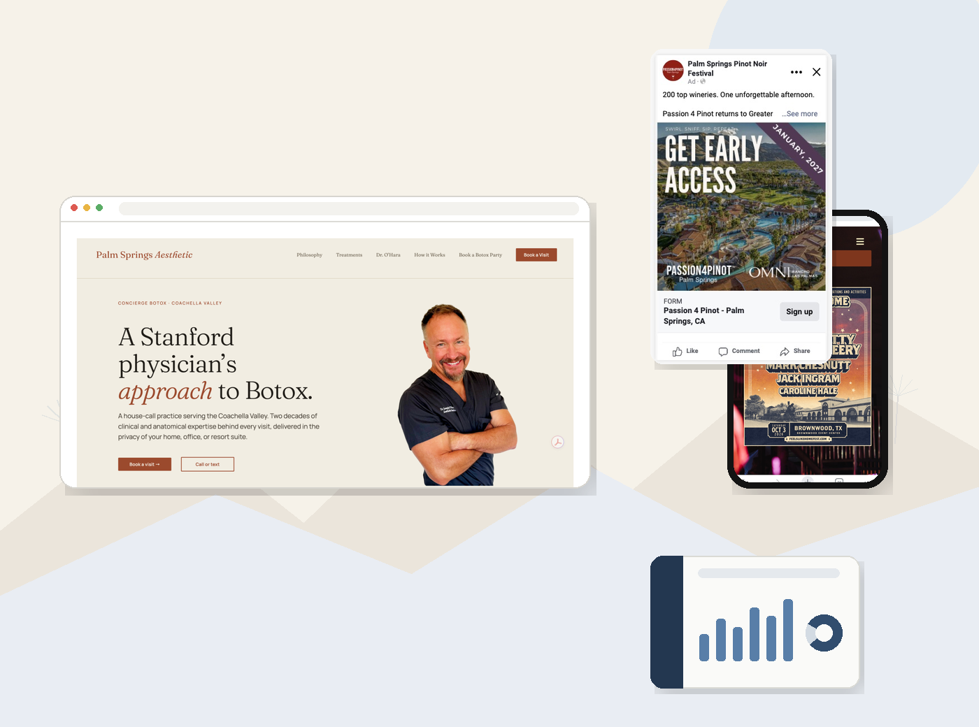 Collage of Casey Dolan client work: a medical practice website, a festival Facebook ad, an event site on a phone, and a reporting dashboard