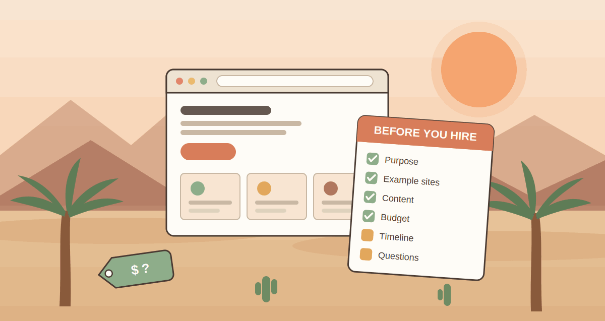Illustration of a website browser and a checklist labeled "Before You Hire."