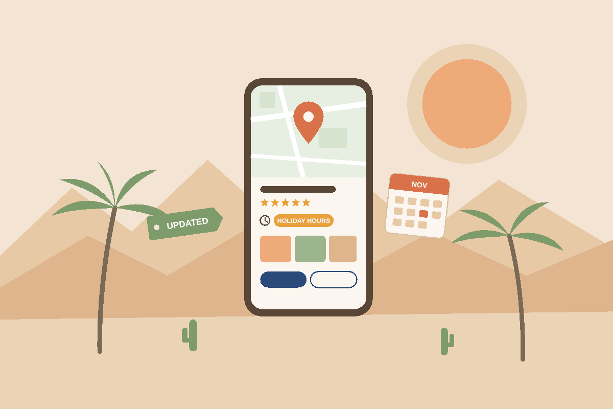 Illustration of a phone showing a Google business listing with holiday hours, set in a desert landscape with palm trees