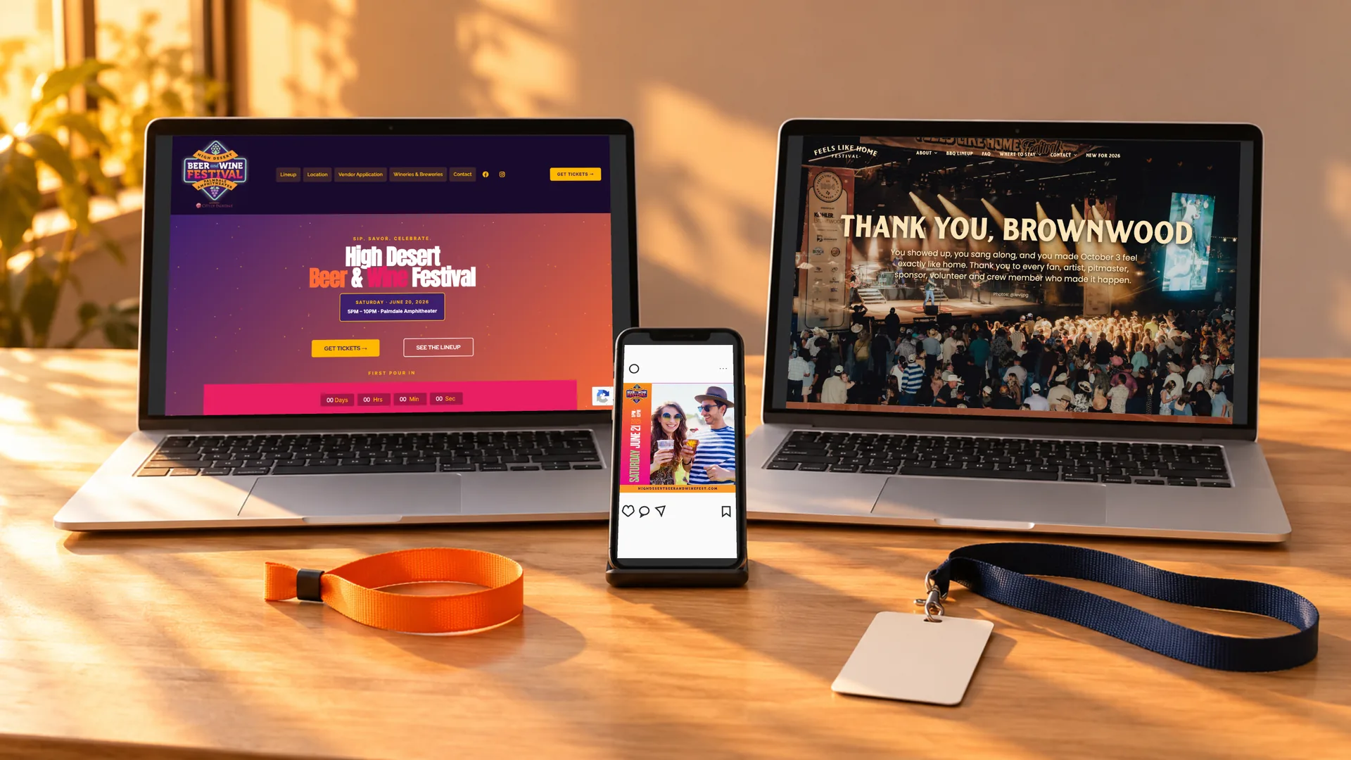 High Desert Beer and Wine Festival and Feels Like Home Festival websites on laptops, with a festival social post on a phone